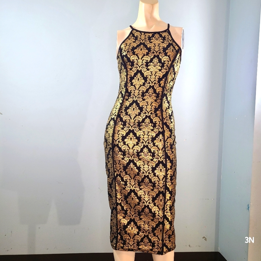 WINDSOR Black and Gold Midi Dress, S